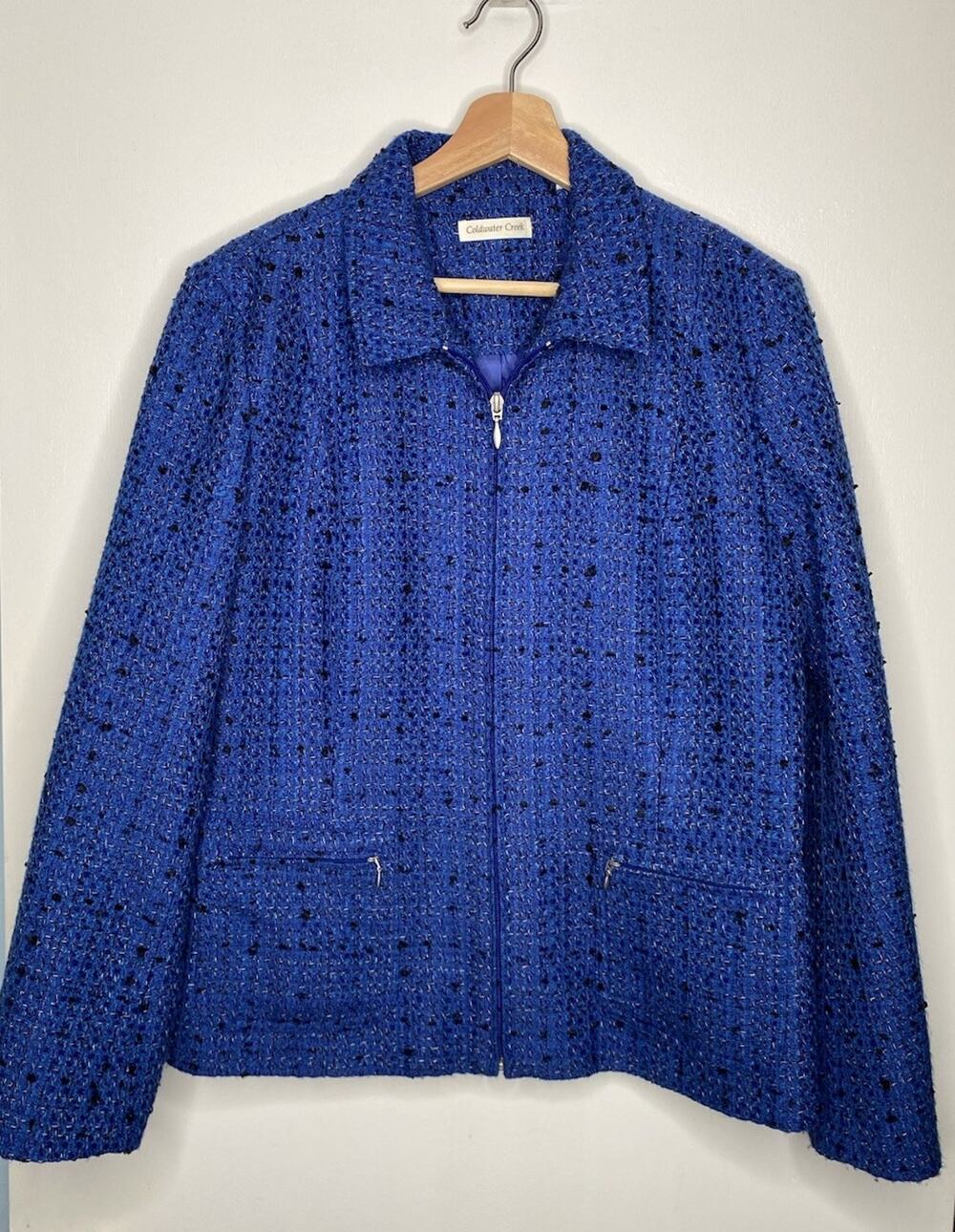 COLDWATER CREEK BOUCLÉ ZIP BLAZER – WOMEN’S SIZE 14 (BLUE/BLACK)
